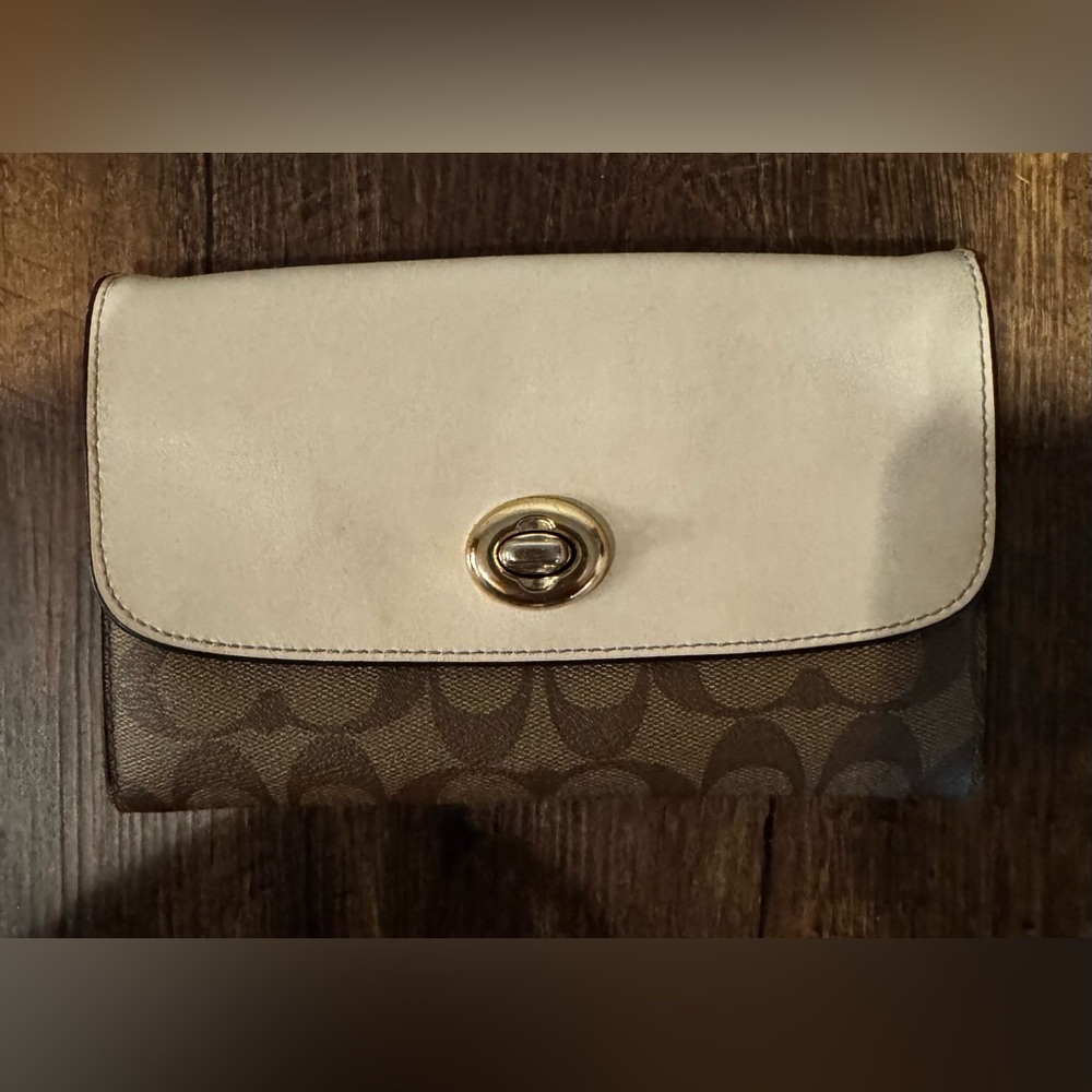 Coach Cream with Brown CC Patterned Clutch with D Rings